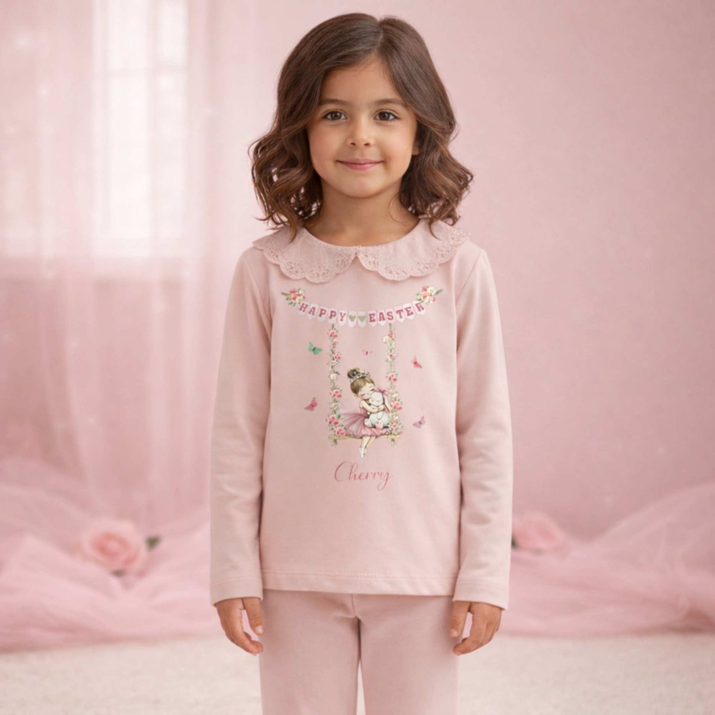 Personalised Easter Pyjamas: Girls Easter Pyjamas personalised with custom Name. Floral Easter bunny design perfect Easter gift for girls