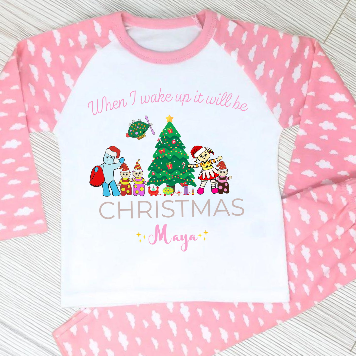 Personalised In the Night Garden Christmas pyjamas for girls with festive characters and custom name design