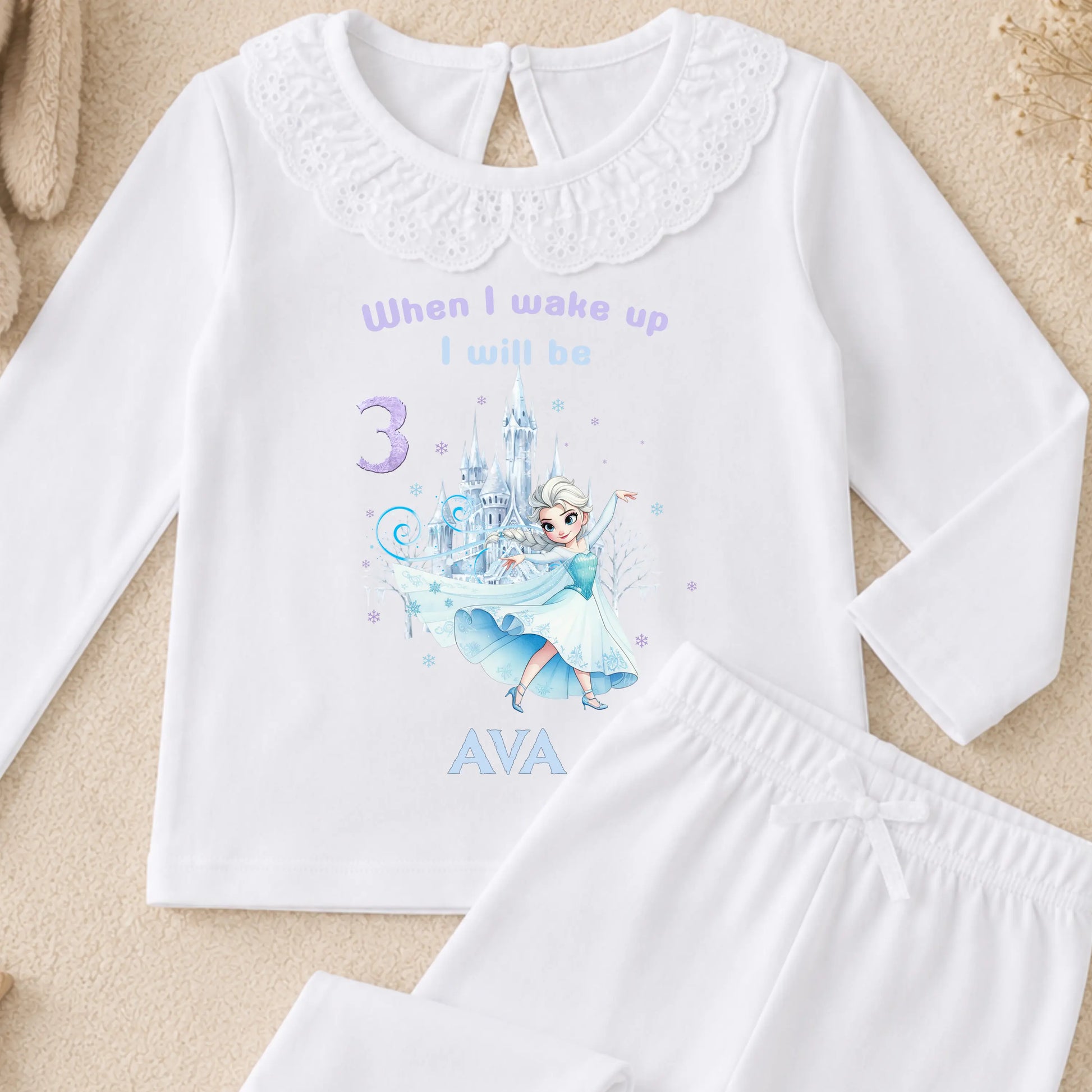Frozen Elsa Birthday Pyjamas for Girls Personalised with Name & Age: Raglan & White Frilly PJs AishaBaileyDesigns