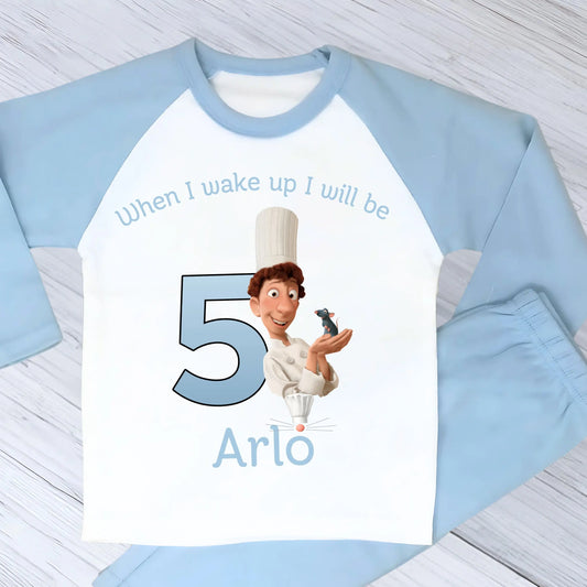 Ratatouille birthday pyjamas: Blue and white personalised birthday pyjamas with ratatouille character with name and age for boys
