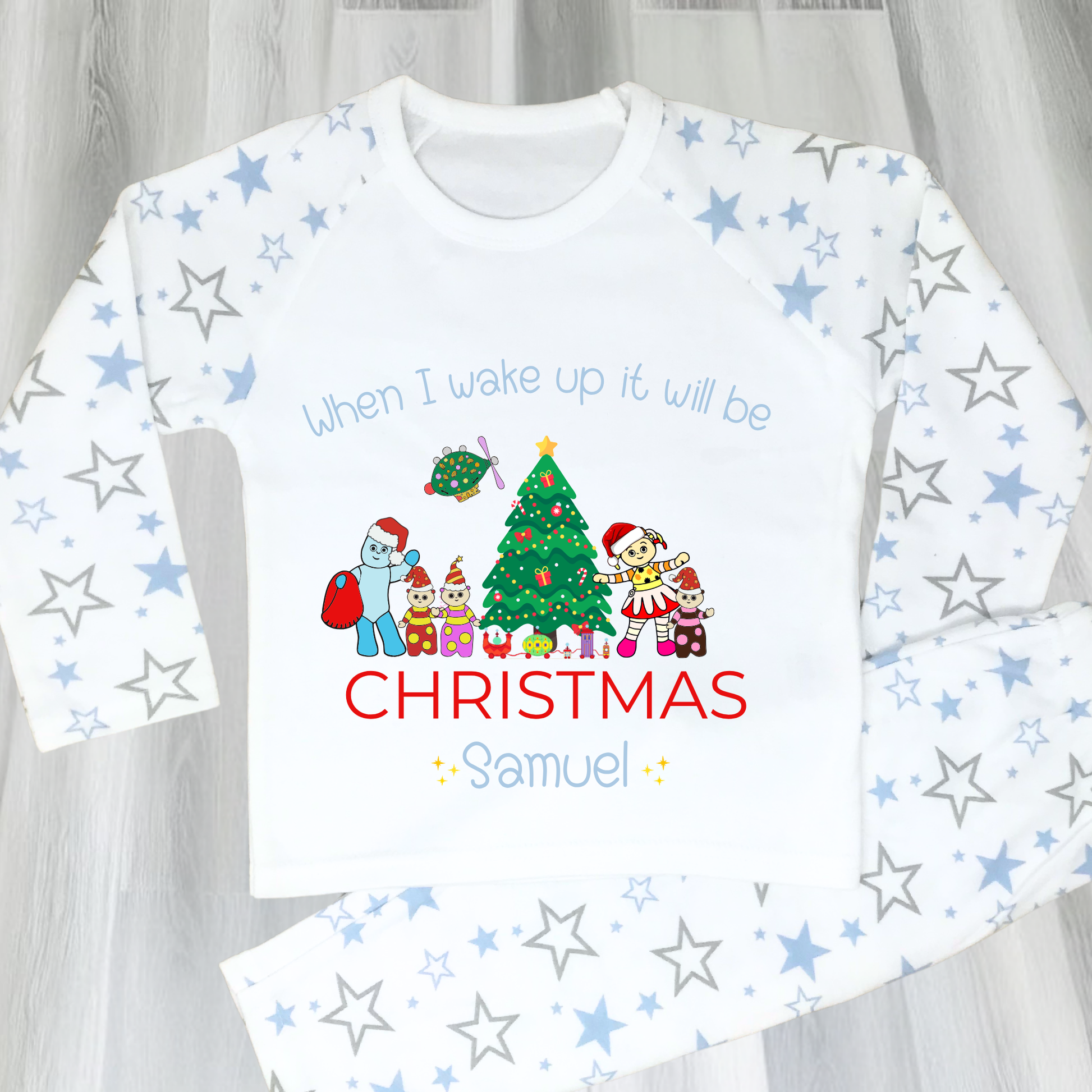 Personalised In the Night Garden Christmas pyjamas for boys with festive characters and custom name design
