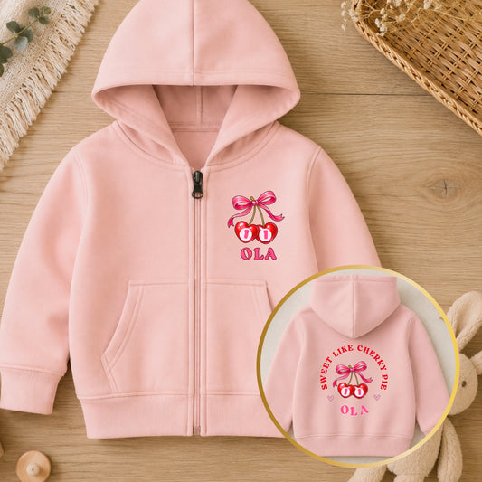 Personalised Girls Birthday Hoodie – Sweet Like Cherry Pie Zip Up Hoodie AishaBaileyDesigns