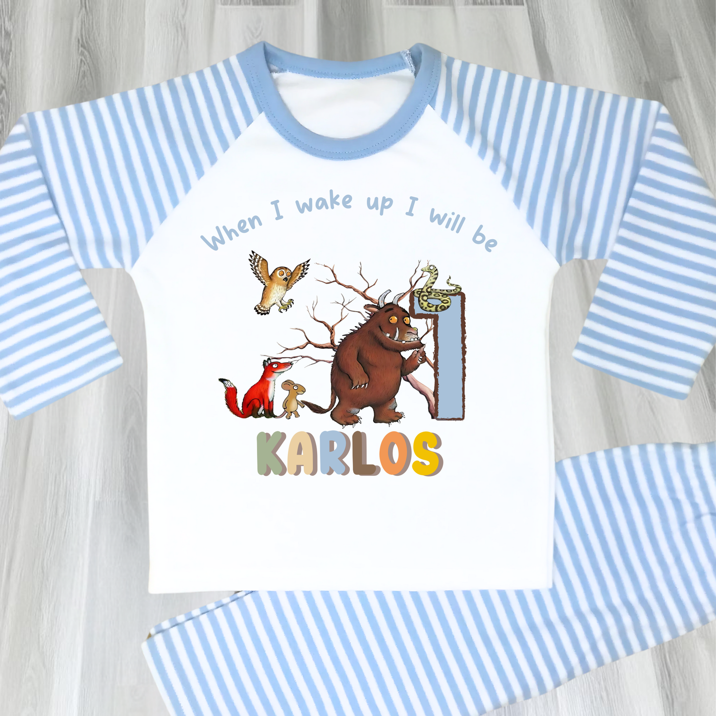 Personalised Gruffalo birthday pyjamas for boys with custom name and age