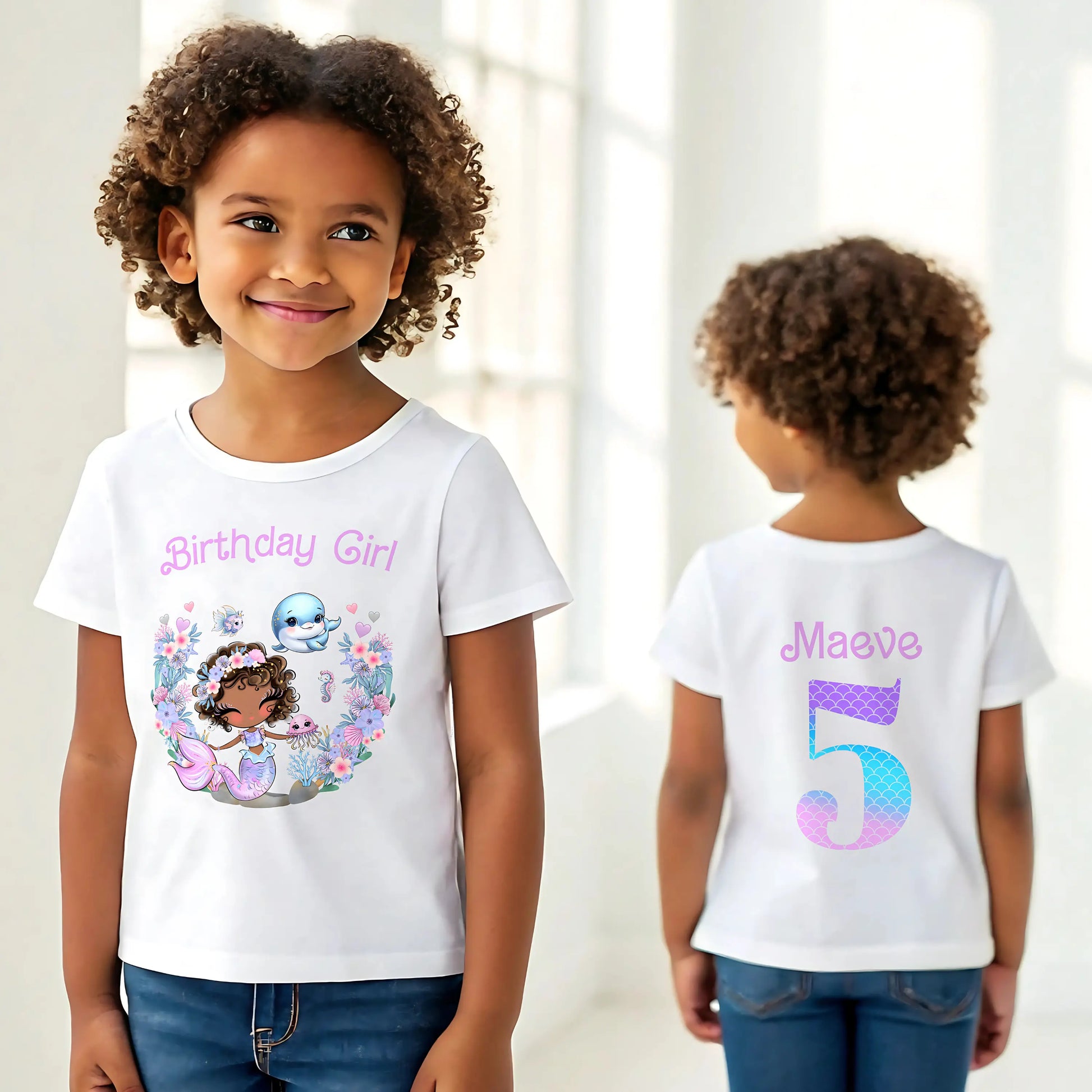 Personalised Mermaid Birthday T-shirt for Girls with Front and Back Design AishaBaileyDesigns