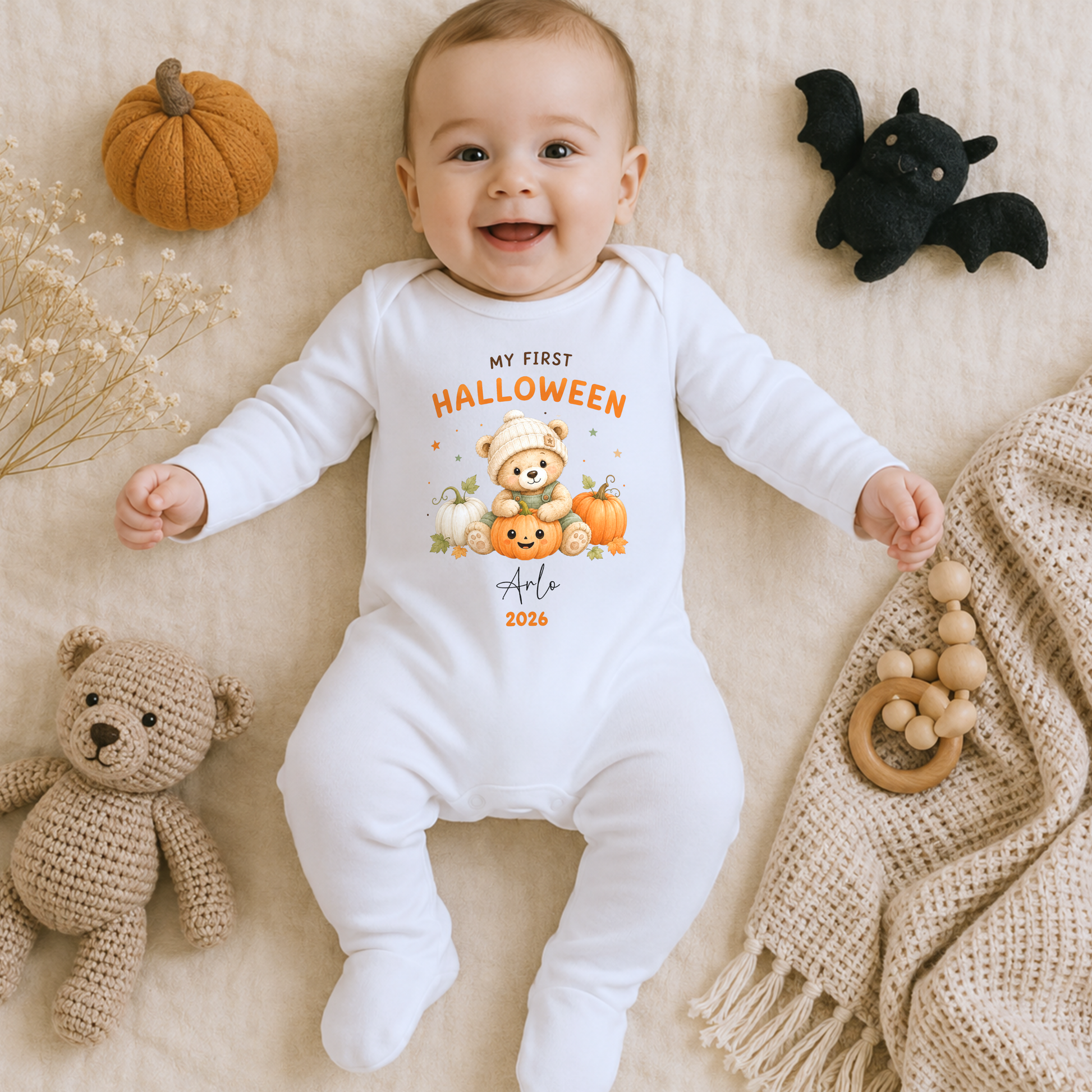Personalised First Halloween Baby Outfit for boys with cute teddy bear and pumpkin design, customised with baby’s name and year.