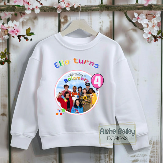 Personalised Balamory birthday sweatshirt for girls with custom name and any age colourful birthday jumper for toddlers