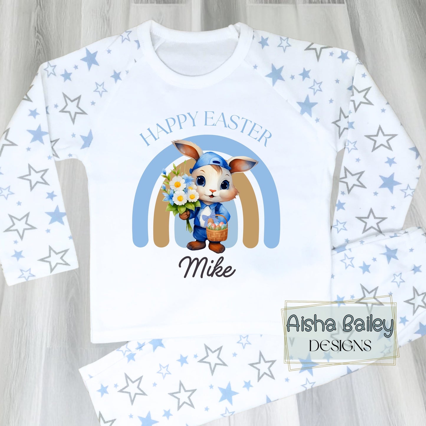 Personalised Easter Pyjamas for boys with their custom name. Easter gift with white Easter bunny