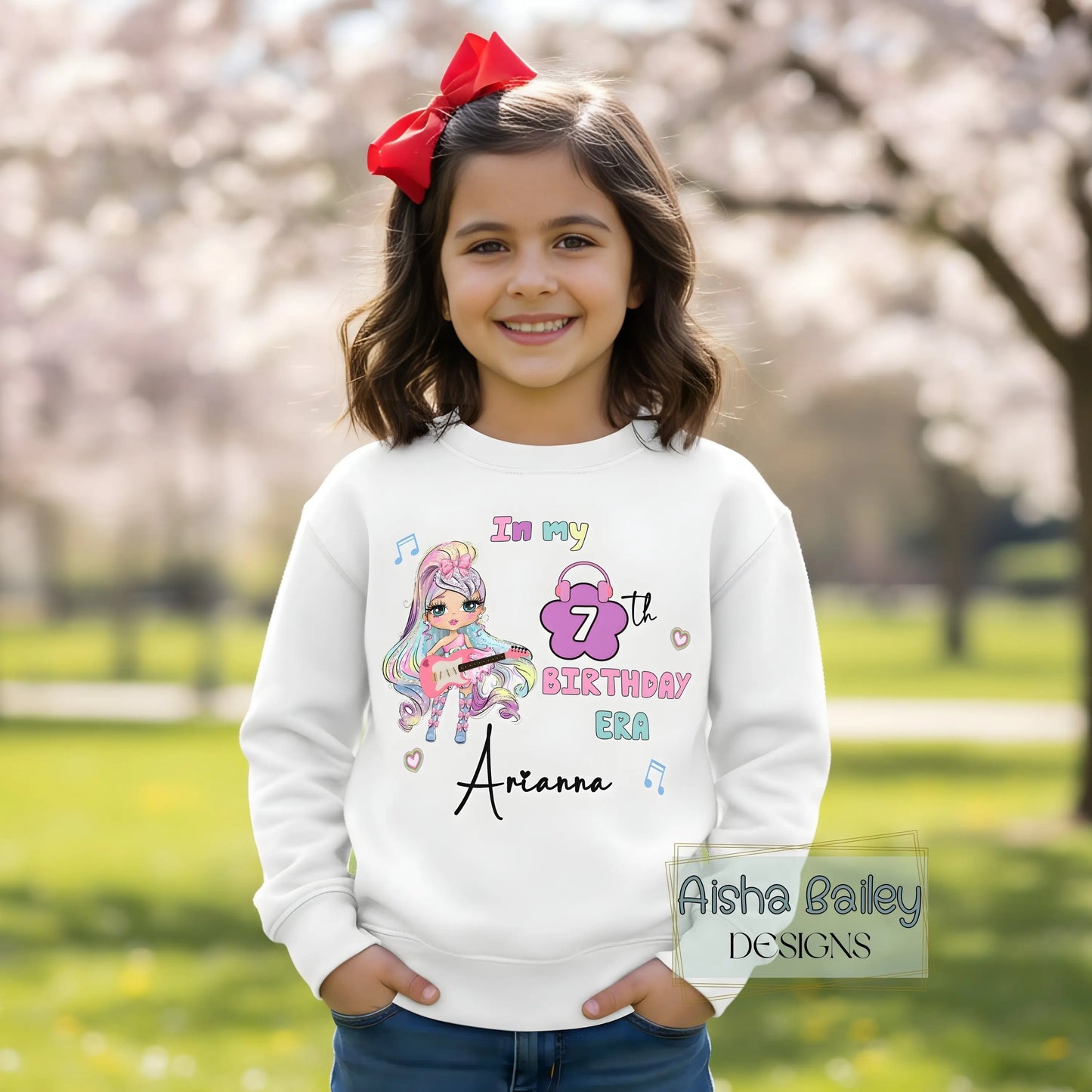 Personalised Girls Birthday Sweatshirt:  In My Birthday Era glitter-effect doll birthday sweatshirt with custom name and age, girls cosy birthday jumper no real glitter