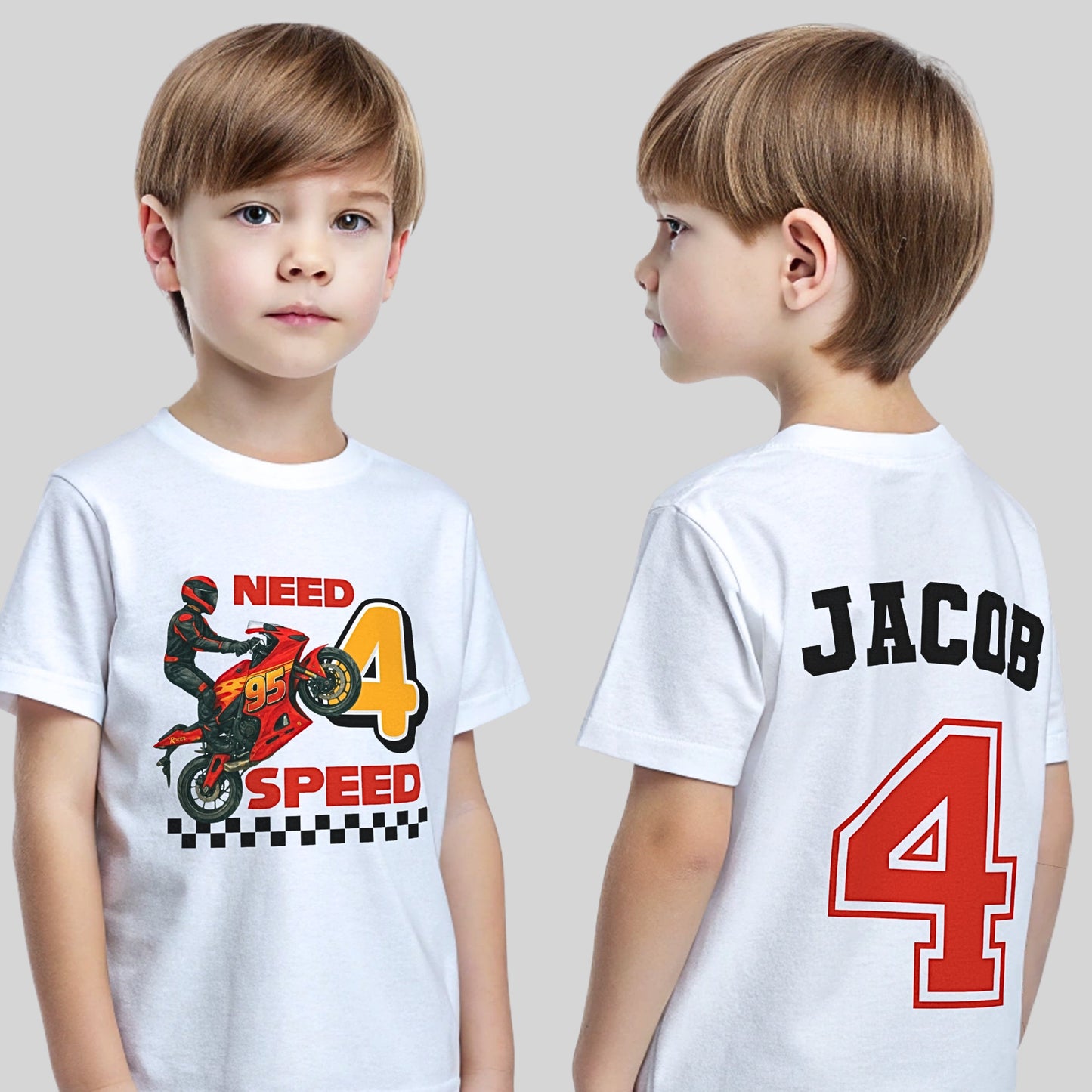 Personalised motorbike birthday T-shirt with custom name and age and Lightning-inspired design