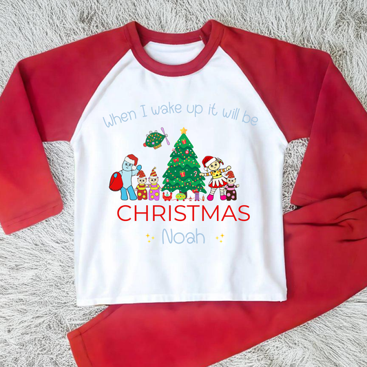 Personalised In the Night Garden Christmas pyjamas for boys with festive characters and custom name design