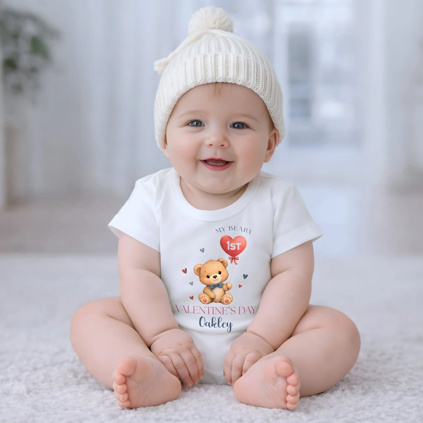 personalised first valentines day out for baby boys with a cute bear. It has custom name and will make the perfect baby gift for baby boys