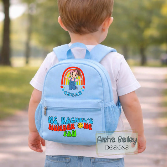 Personalised Ms Rachel backpack for kids with custom name, rainbow design toddler school bag in pink, blue and beige