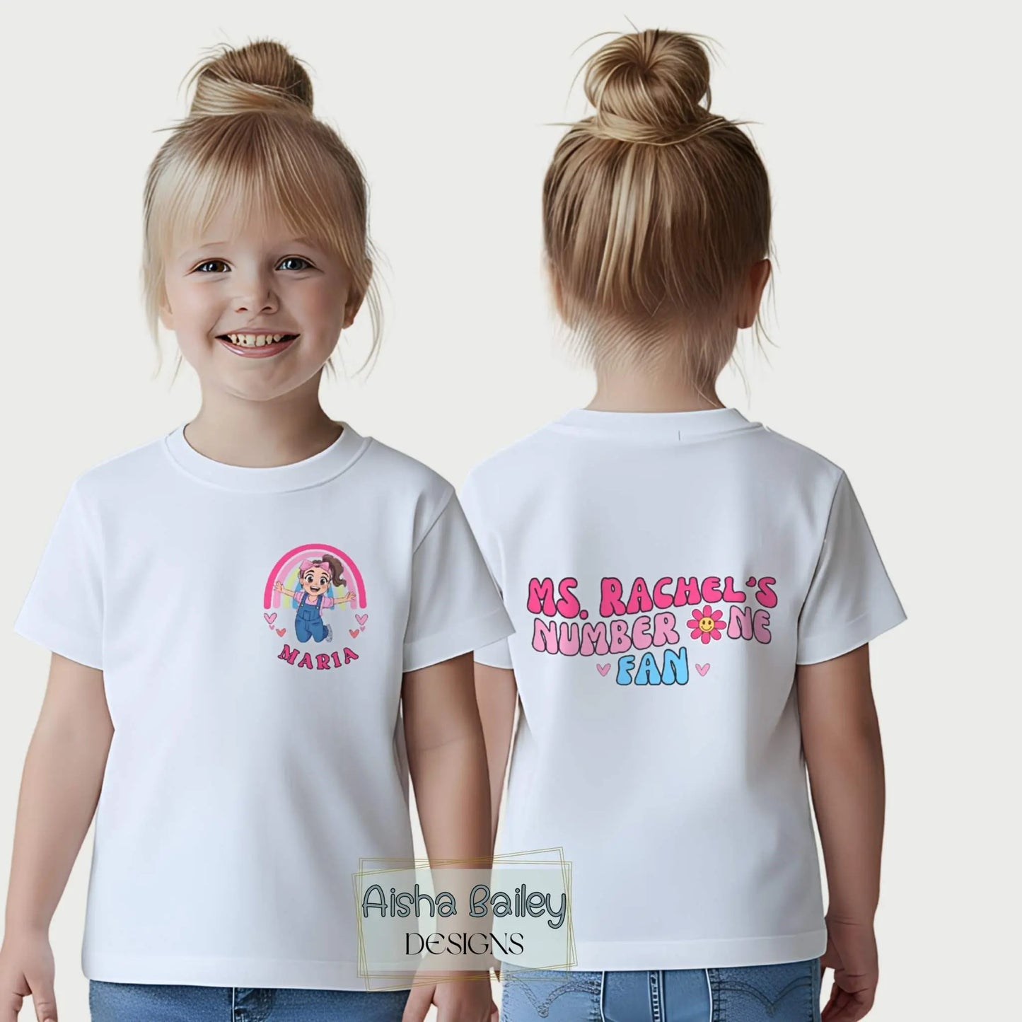 Personalised Ms Rachel  t-shirt Number One Fan T-Shirt for girls with custom name and fun back print design