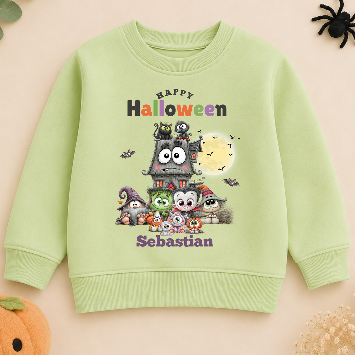  Personalised Halloween Sweatshirt for kids with cute monsters, haunted house, moon, bats and child's name