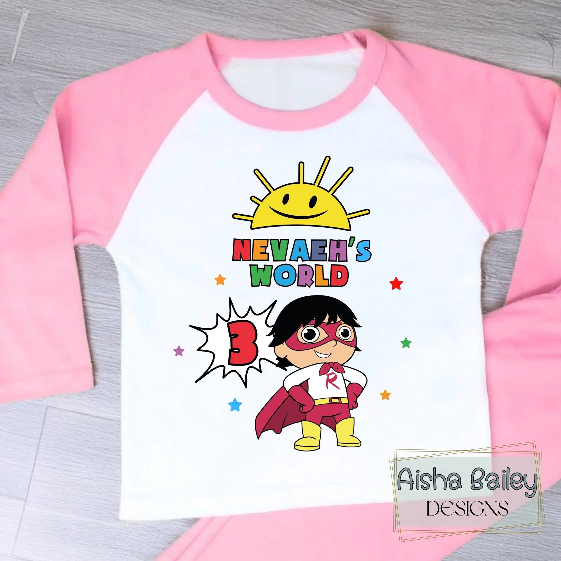 Ryan's World personalised birthday pyjamas for girls with colourful superhero design