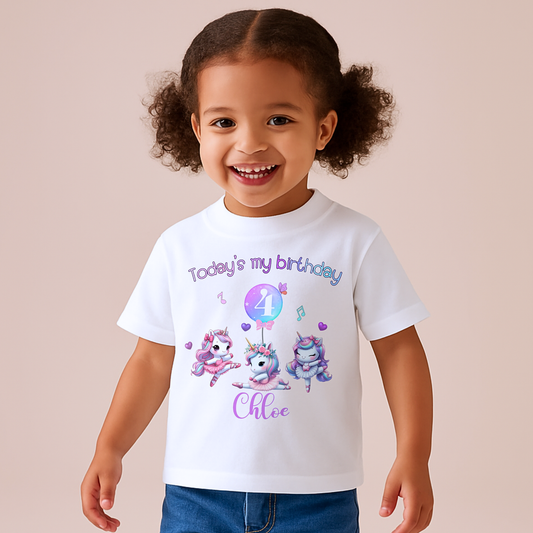 Personalised unicorn birthday t-shirt for girls with name and age design