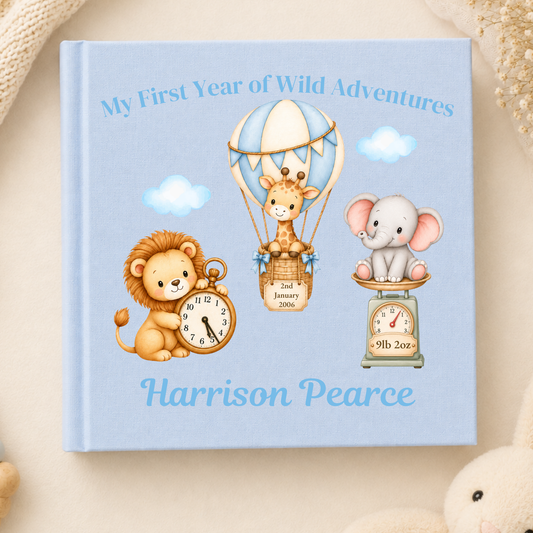 Personalised Baby Photo Album with blue safari animals, baby's name, birth date, time and weight, designed to capture his first year.