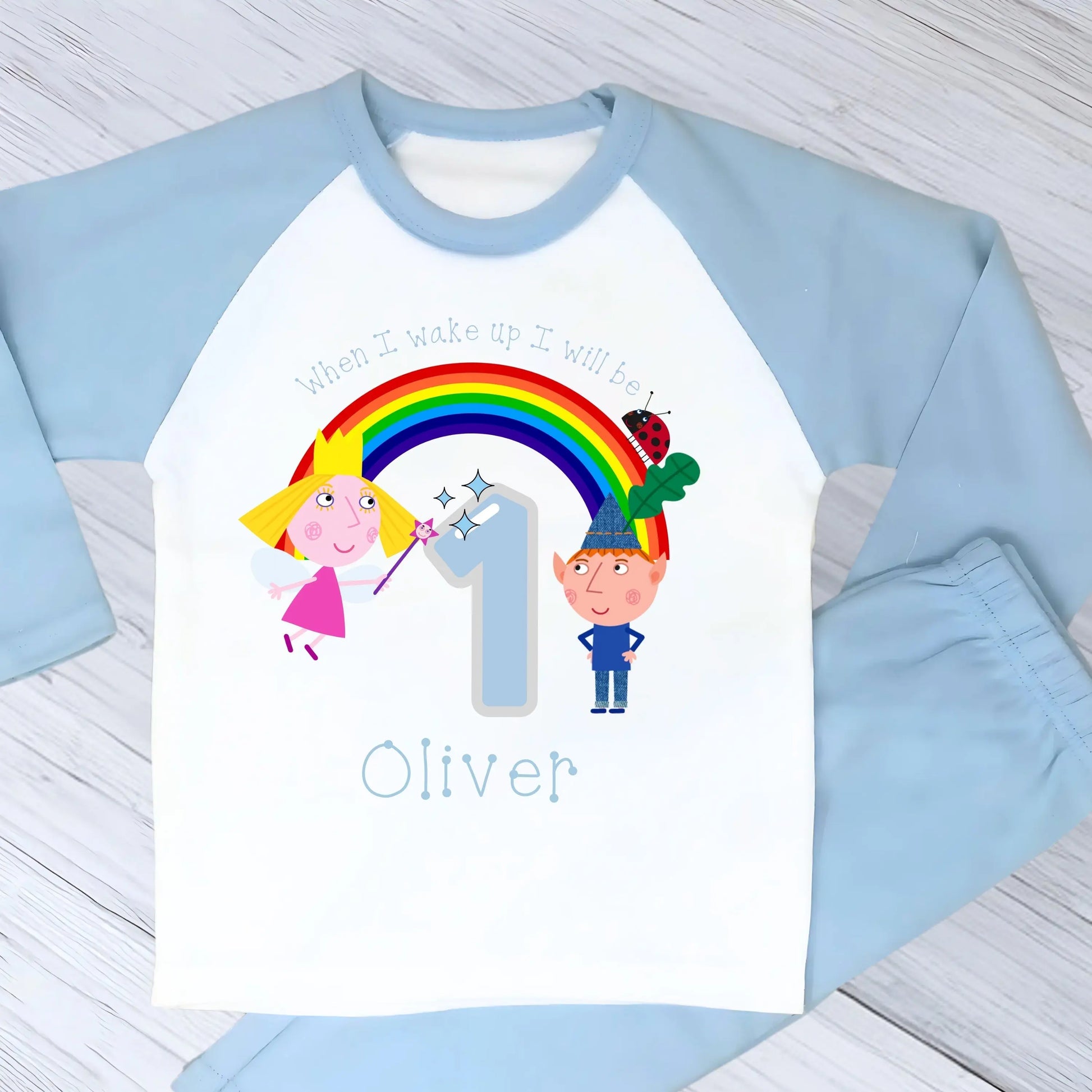 Ben and Holly Birthday pyjamas: Personalised Ben and Holly’s Little Kingdom birthday pyjamas for boys with rainbow, characters, age and custom name.
