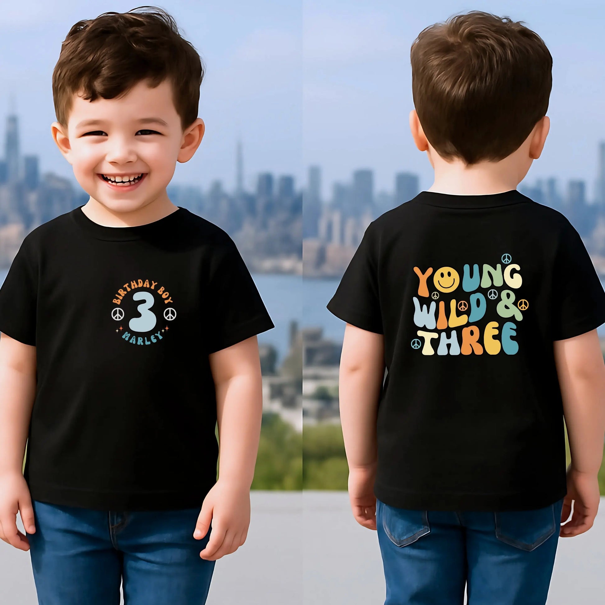 Personalised Young Wild and three birthday t-shirt: A boys birthday T-shirt with a Young Wild and Three theme, showcasing a groovy retro style. The front features whimsical retro emojis and the words birthday boy alongside a custom name on the left breast. The back displays bold retro fonts and graphics. Tthis vibrant and playful tee is designed for comfort and style, perfect for third birthday gifts.