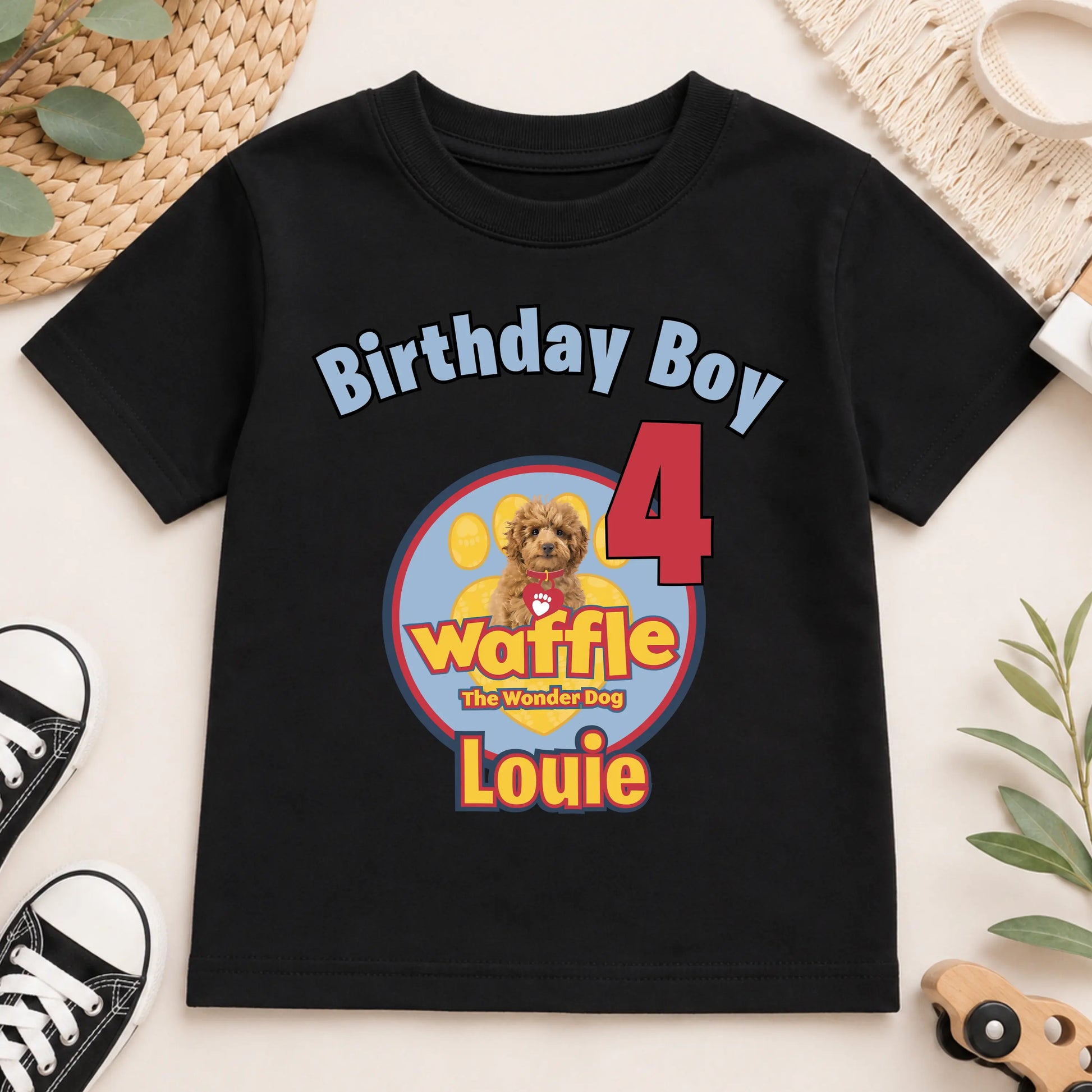 Personalised Boys Waffle Birthday t-shirt: Waffle the Wonder Dog AishaBaileyDesigns