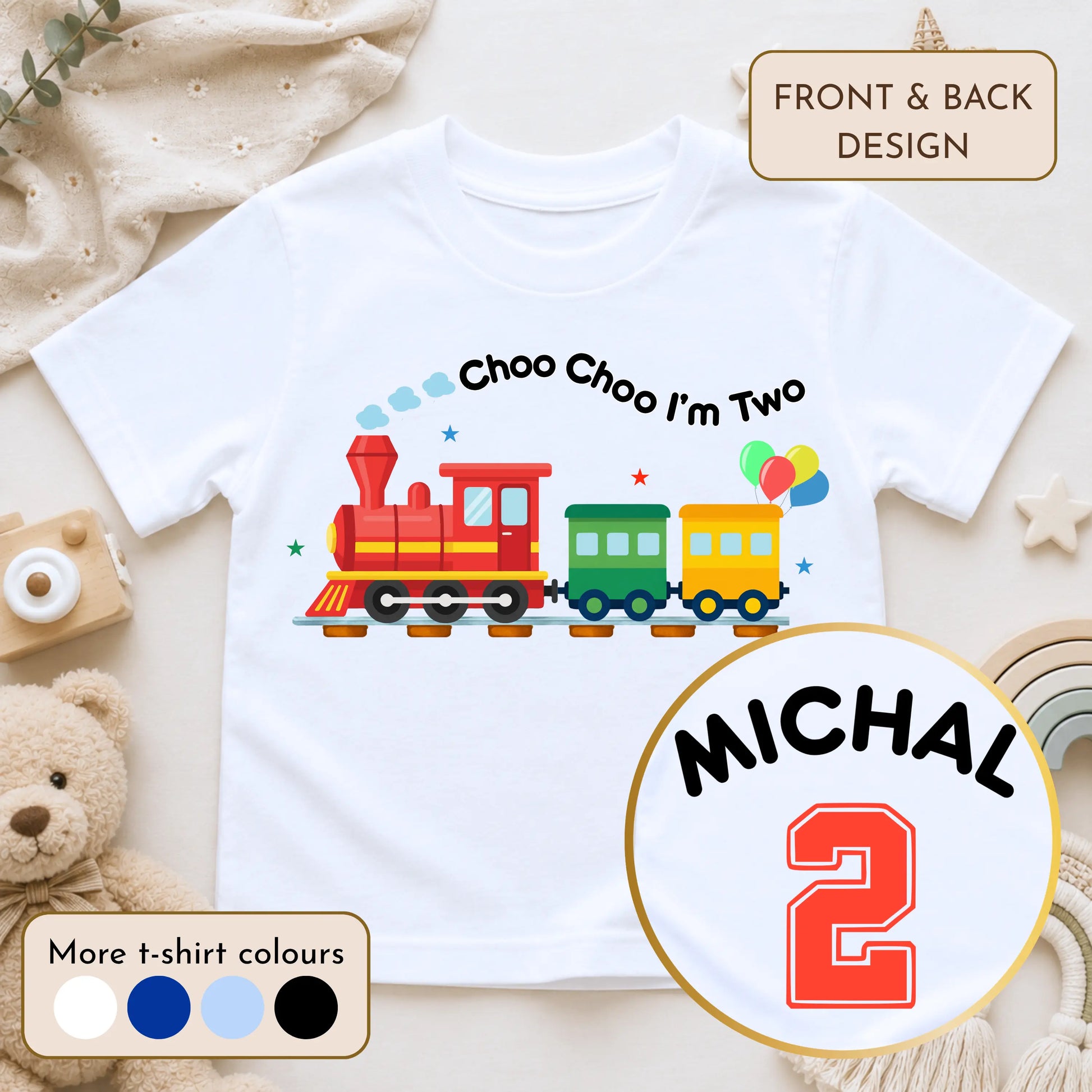 Choo Choo I'm 2 personalised birthday t-shirt with colourful train design and custom name with number 2 on the back for boys' second birthday.