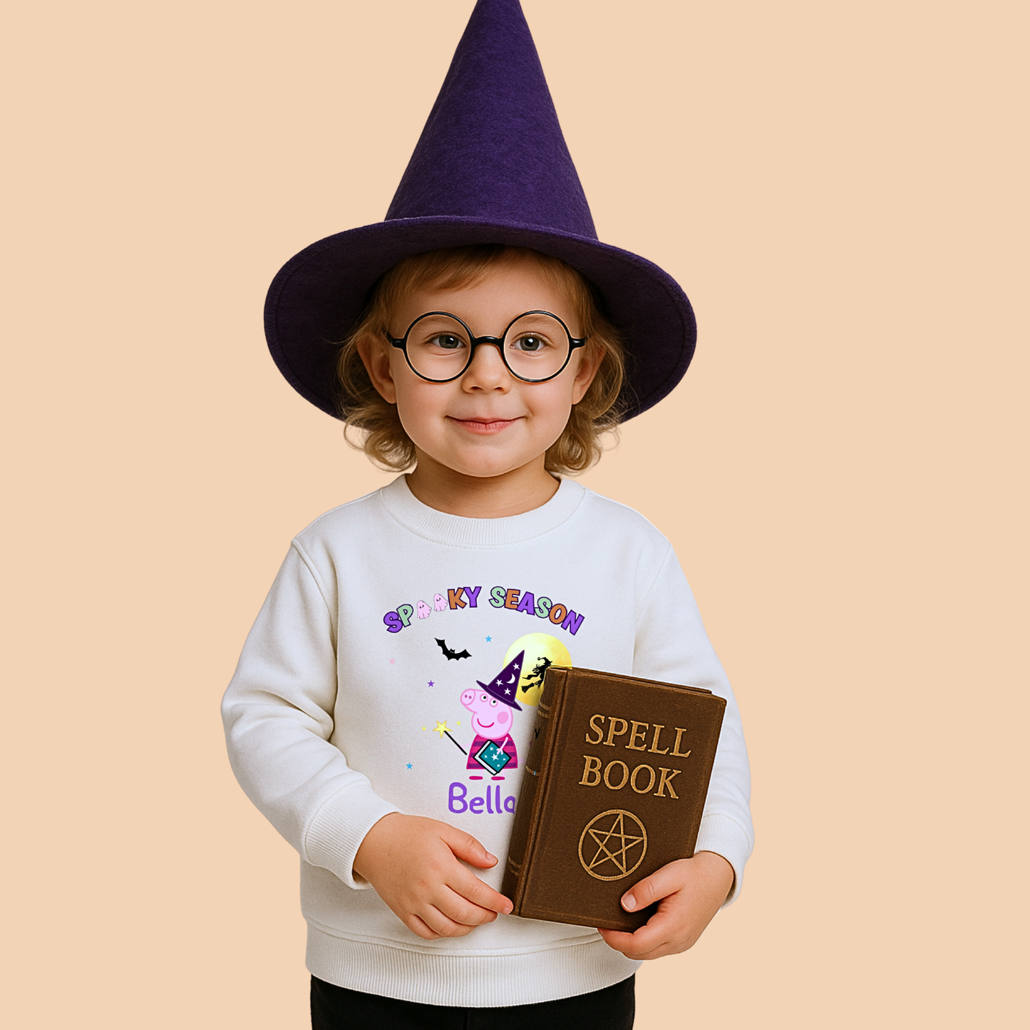 personalised halloween sweatshirt, Personalised Peppa Pig Halloween sweatshirt for kids with witch design and custom name