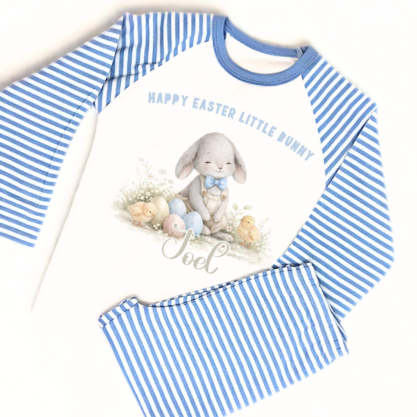 Personalised Easter Pyjamas: Boys Easter Pyjamas with personalised name featuring white bunny and pastel Easter egg design