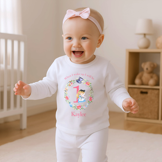 Personalised First Birthday Pyjamas: Personalised Baby Girl's First Birthday Alice Floral Wreath Pyjamas, Custom 1st Birthday Outfit for Toddlers, When I Wake Up I Will Be One