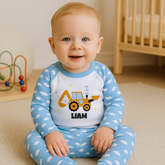 personalised digger pyjamas, boys tractor pyjamas with name, personalised toddler pyjamas, toddler birthday ideas, 