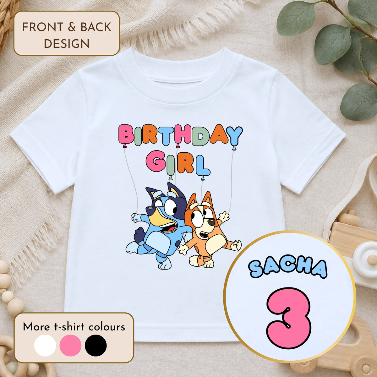 Girls Personalised Bluey Birthday T-shirt - Bluey and Bingo Tee with Front and Back Design AishaBaileyDesigns