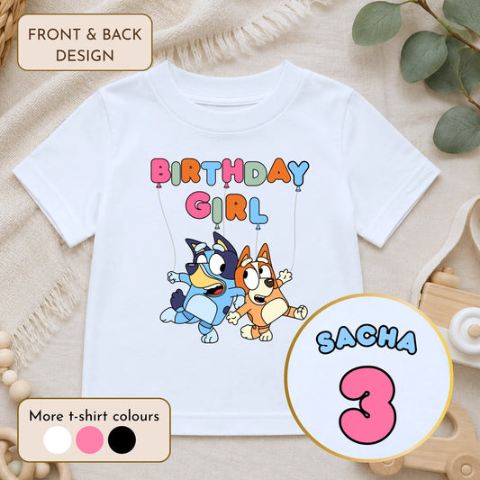 Girls Personalised Bluey Birthday T-shirt - Bluey and Bingo Tee with Front and Back Design AishaBaileyDesigns