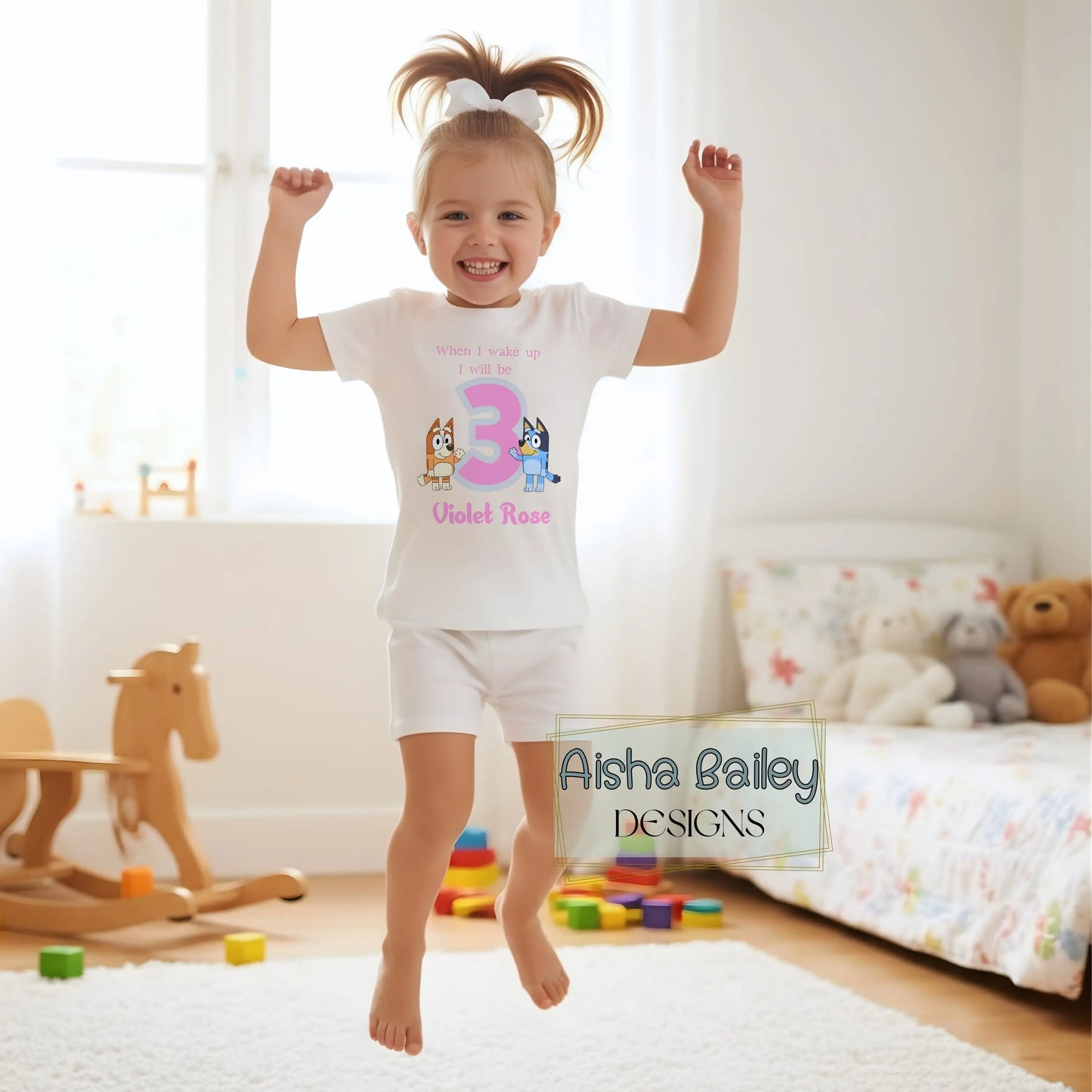 Personalised Bluey and Bingo Short birthday pyjamas with their custom name and age