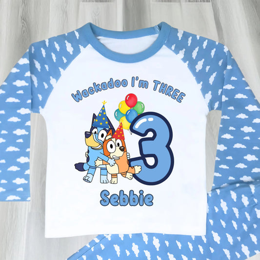 Bluey and Bingo Birthday Pyjamas for Boys with custom name and age in a blue party-themed design.