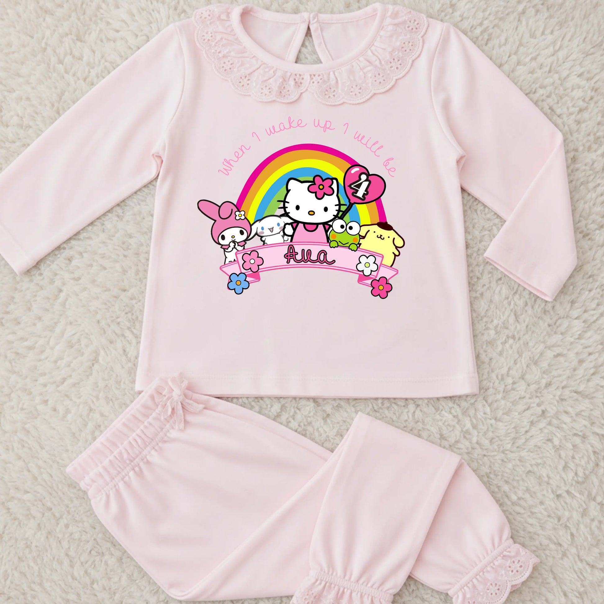 Personalised Hello Kitty Birthday Pyjamas for Girls – Custom Name & Age Kids PJs AishaBaileyDesigns