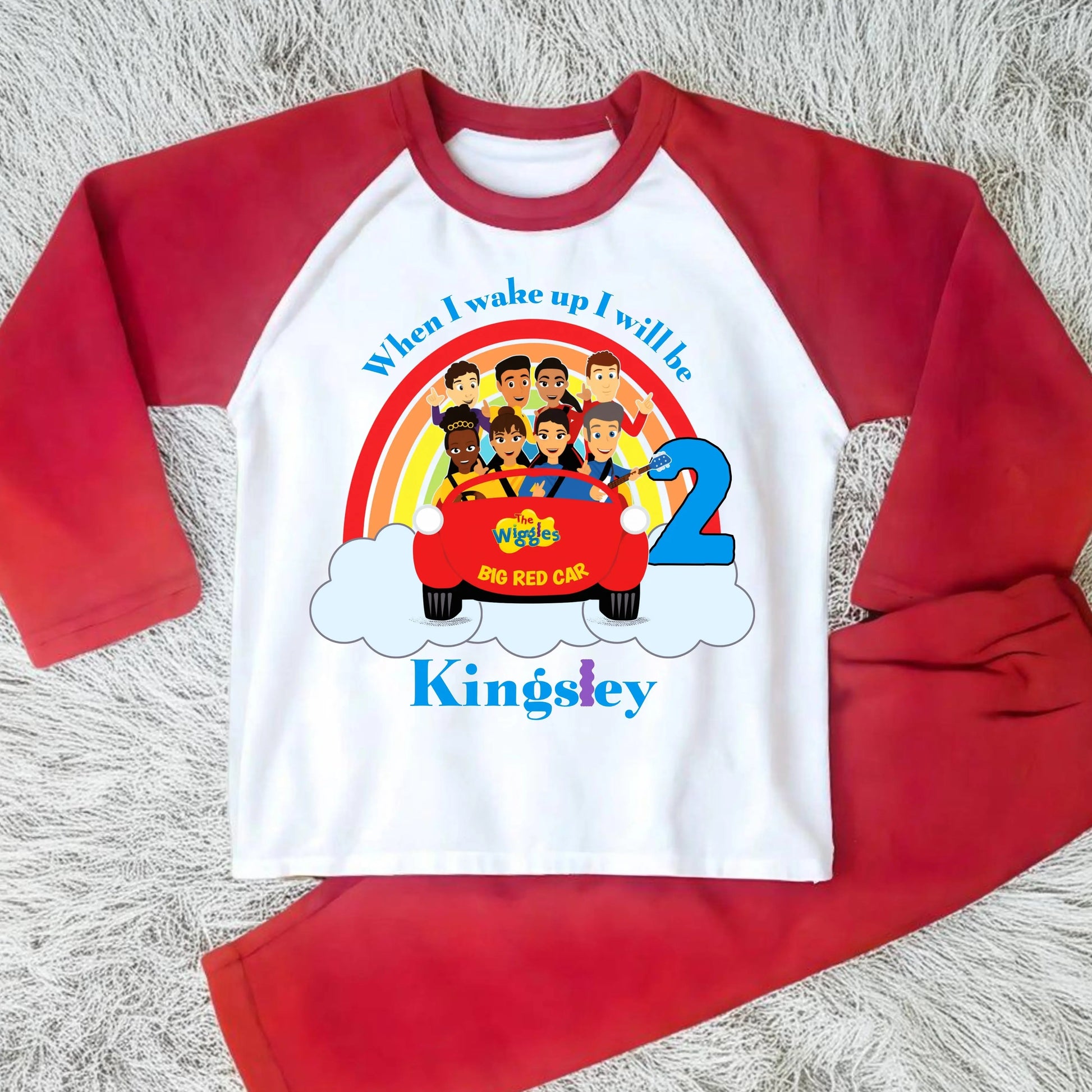 Personalised The Wiggles birthday pyjamas for boys with custom name and age, Big Red Car design.