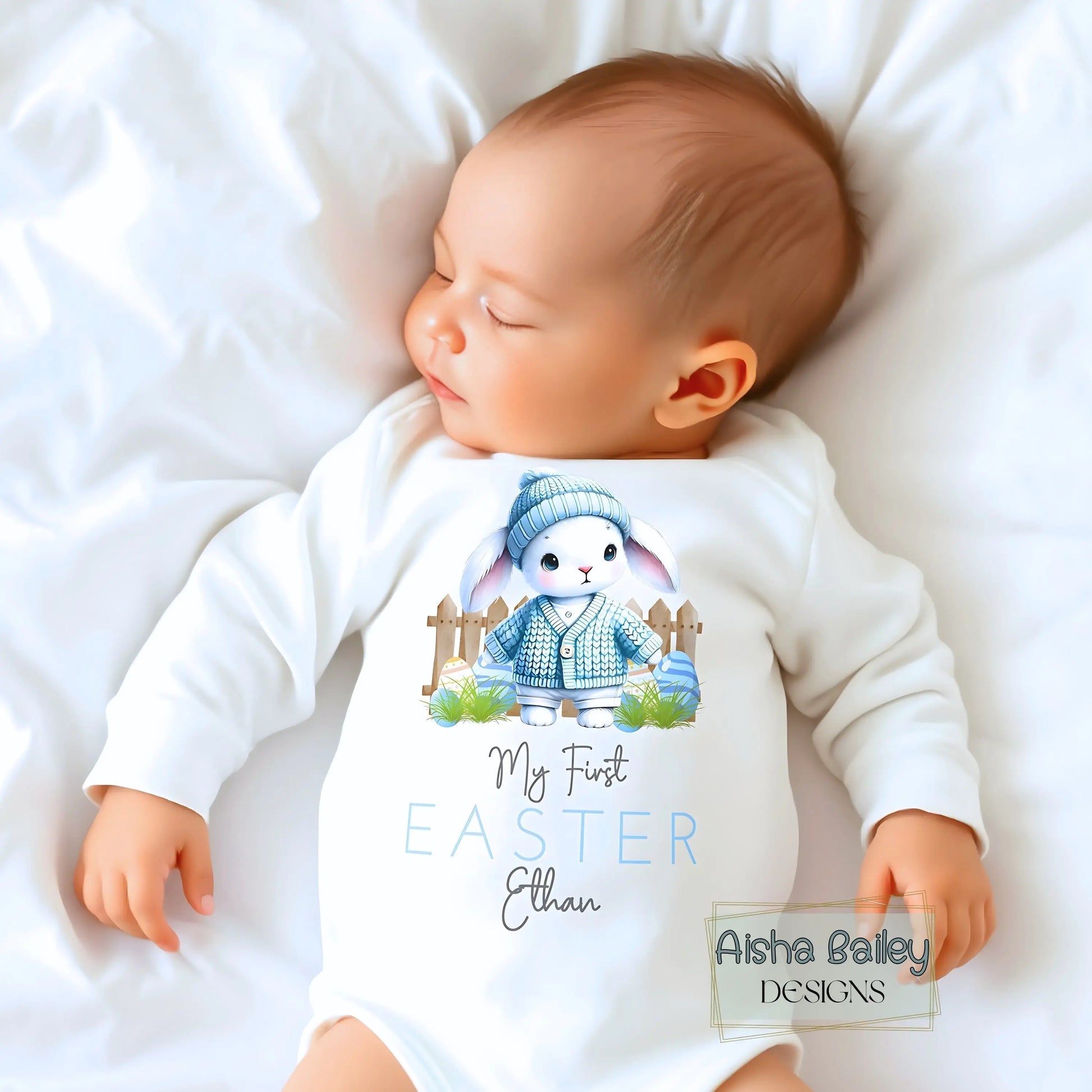 First Easter Outfit: Baby Boy’s First Easter Babygrow with personalised name and bunny design