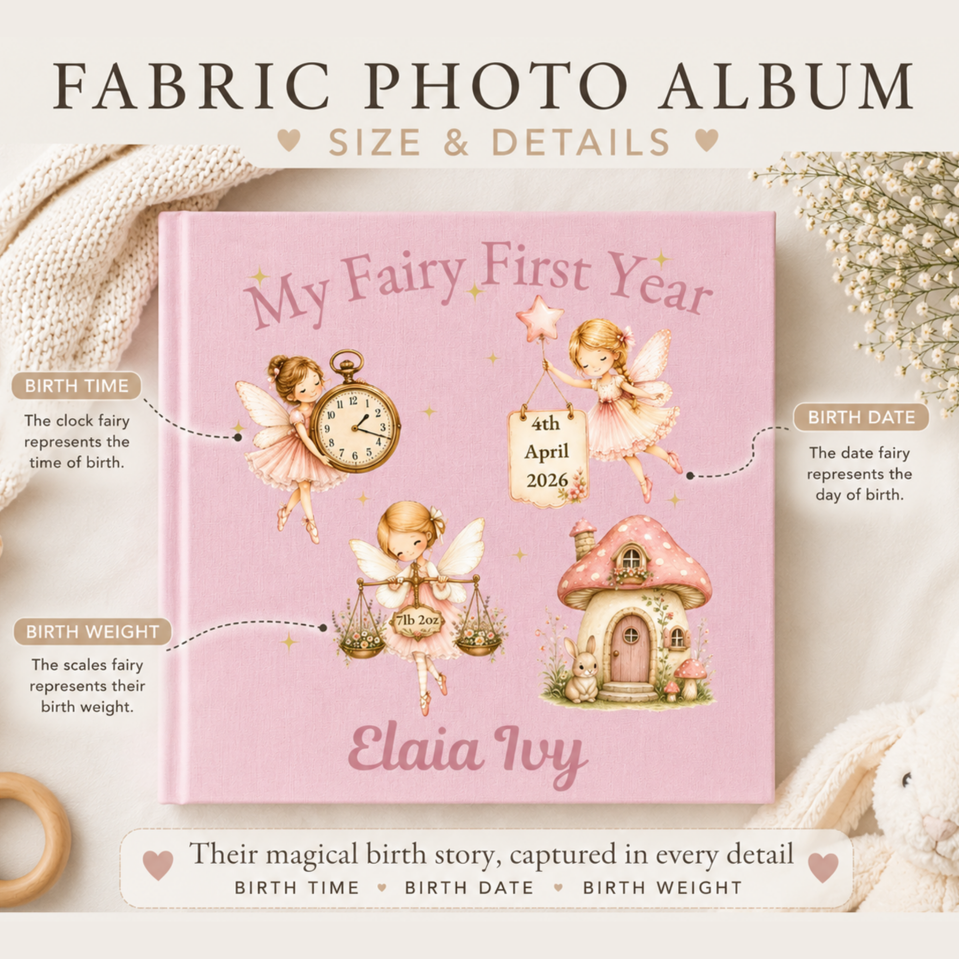 Personalised Baby Photo Album My Fairy First Year in pink or white, personalised with baby's name, birth date, time and weight.