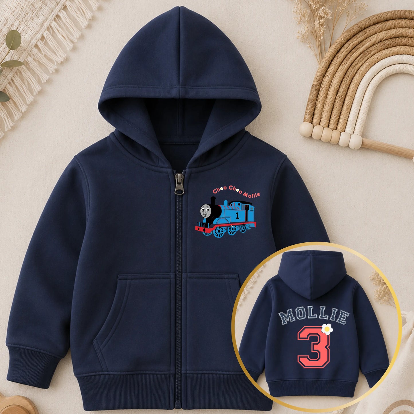 Personalised Girls Thomas the Tank Engine Zip-up Custom Hoodie with Back Print  - any name and number AishaBaileyDesigns