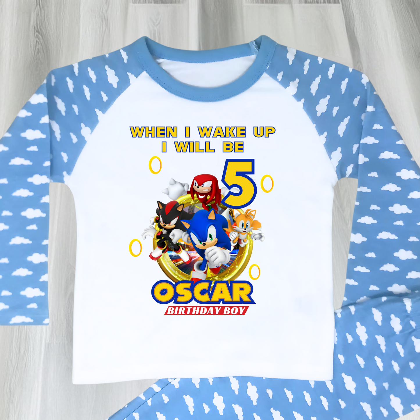 Boys Sonic birthday pyjamas, boys personalised sonic, gamers birthday pjs, sonic the hegehog pjs, sonic birthday pajamas