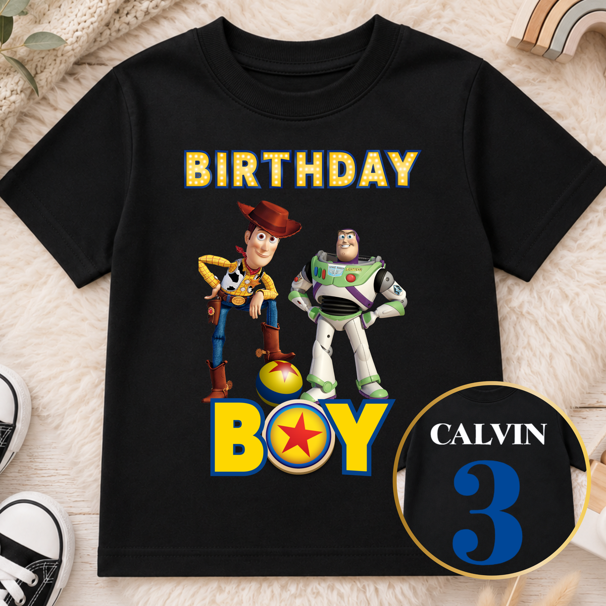 Personalised Buzz and Woody Birthday T-Shirt with child’s name and age, featuring a colourful Toy Story design for boys celebrating their special day.