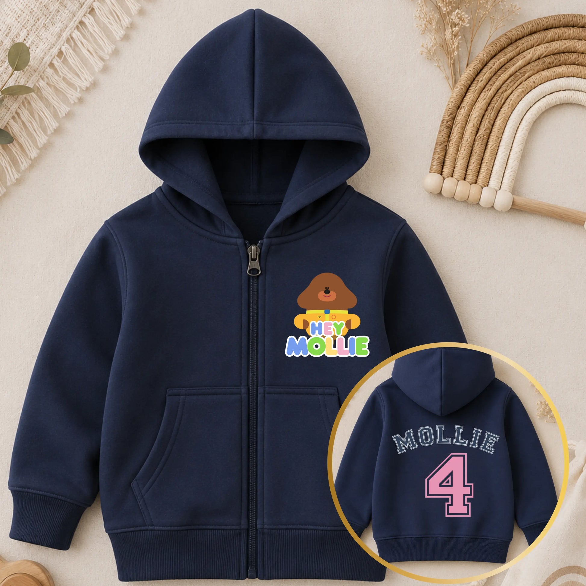 Personalised Hey Duggee Birthday Hoodie for Girls with Back Design AishaBaileyDesigns