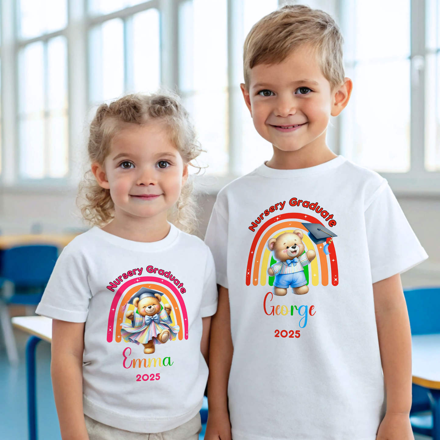 A girl wearing a white Personalised Nursery Leavers T-shirt. Above the rainbow it says Nursery Graduate and below it is a girl bear in graduation clothes on soft fluffy clouds. Below the design is the girls name and year of graduation.