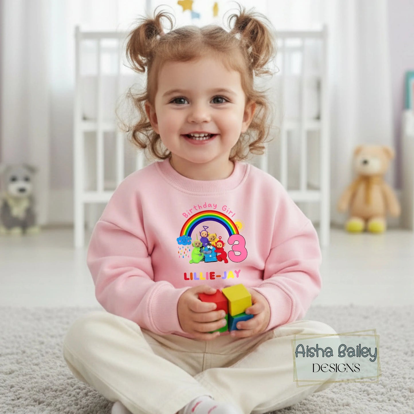 Personalised Teletubbies sweatshirt for girls with rainbow design, custom name, colourful kids jumper, cute teletubbies outfit for everyday wear