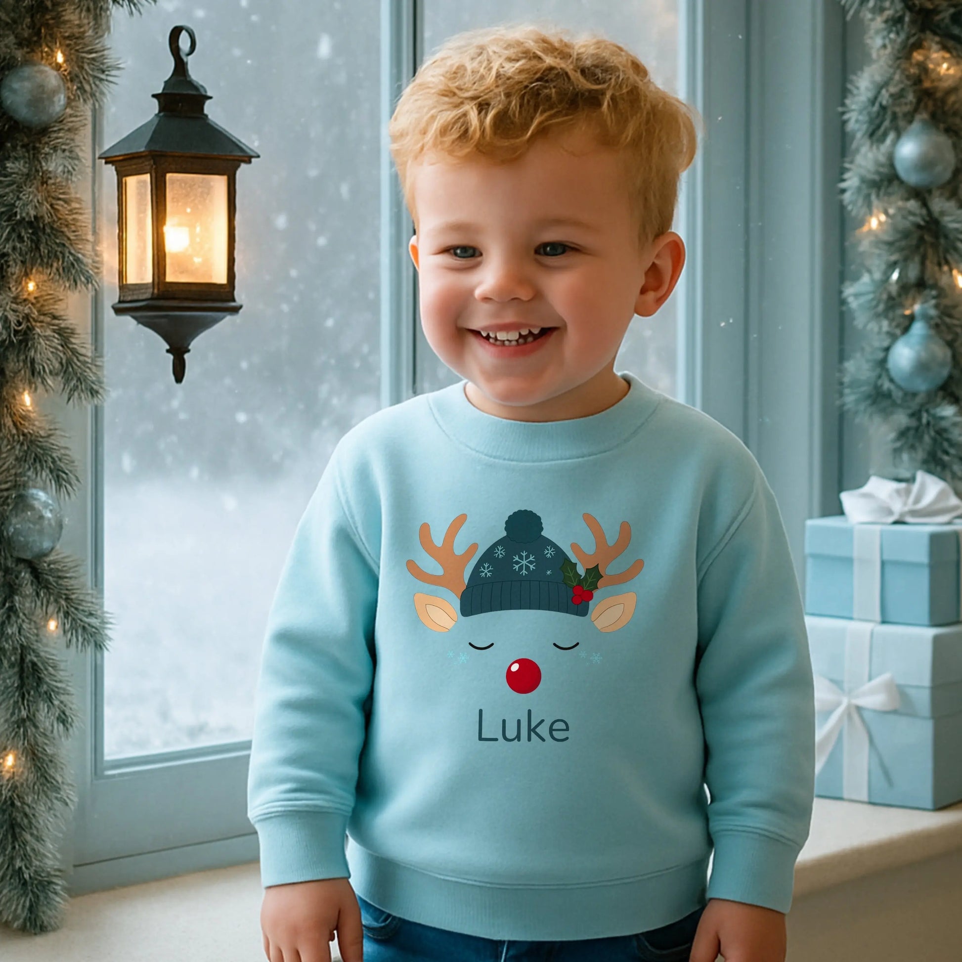 Boys Christmas Sweatshirt: Personalised boys Christmas sweatshirt with reindeer design and custom name print.