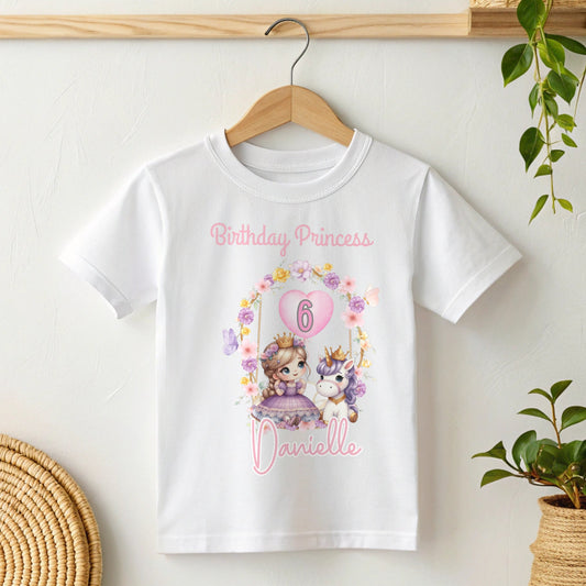 Princess Unicorn Birthday T-Shirt, Personalised Girls' Rainbow Princess and Unicorn Birthday T-shirt, Pastel Pink Unicorn Rainbow Birthday Shirt, Custom Princess Birthday Tee