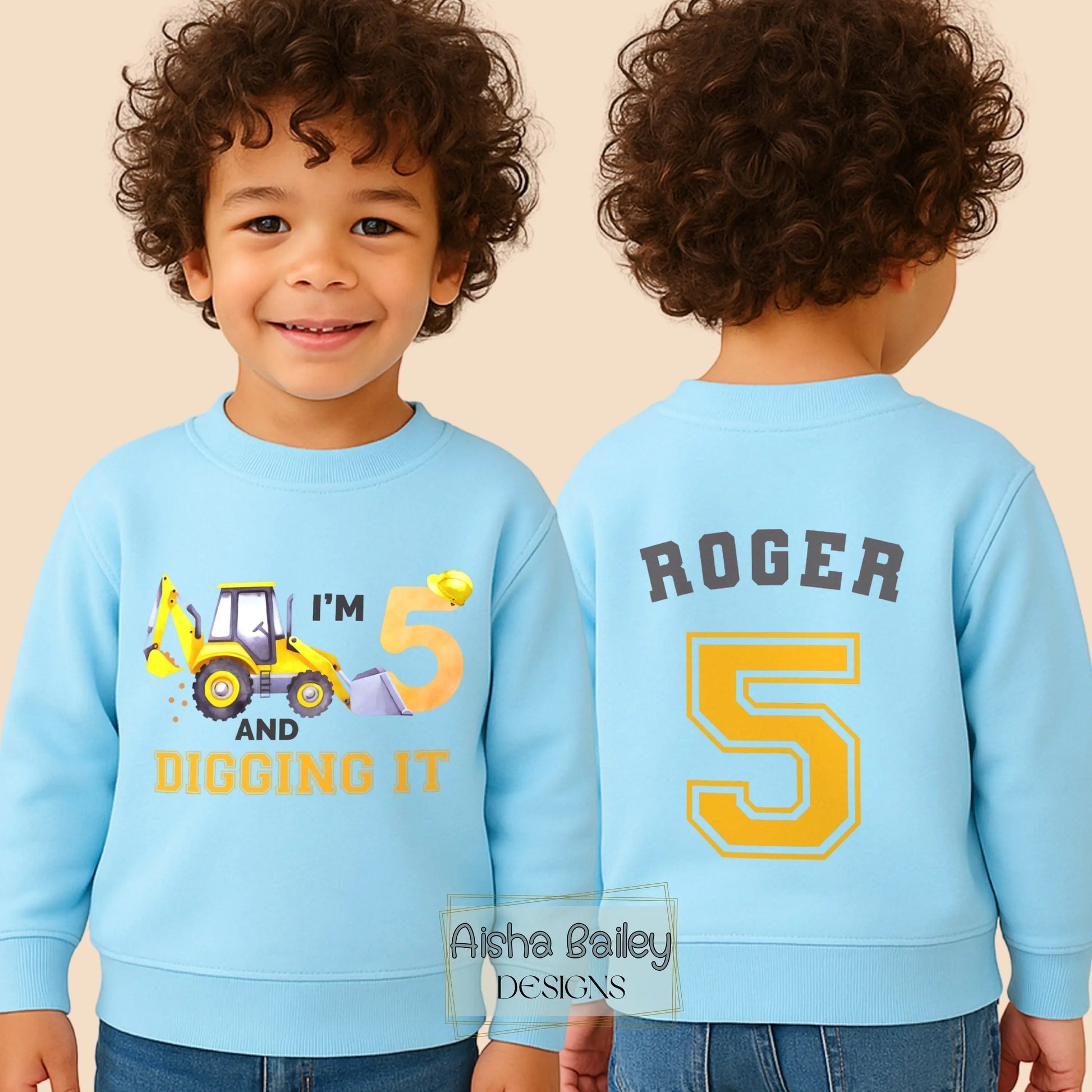 Boys personalised Digger birthday sweatshirt with custom name and age and backprint. Construction Digger birthday girft for boys