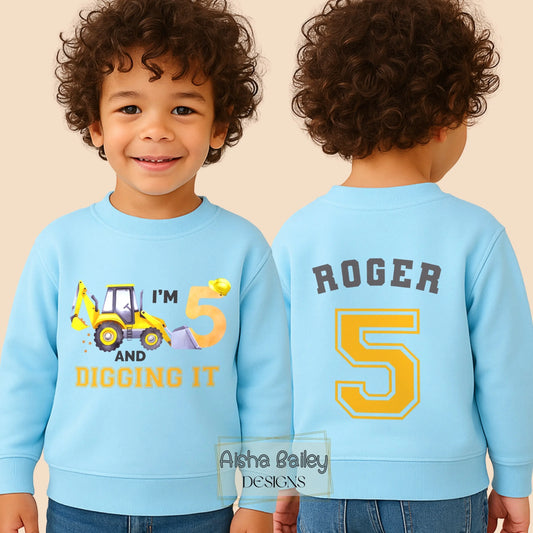Boys personalised Digger birthday sweatshirt with custom name and age and backprint. Construction Digger birthday girft for boys