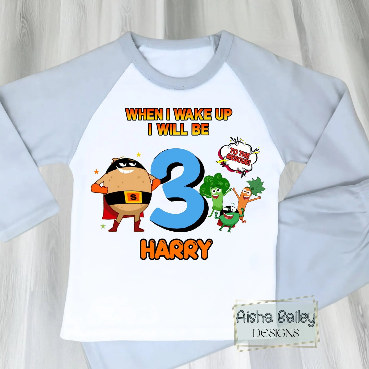 Boys personalised Supertato birthday pyjamas with When I Wake Up design, custom name and age, white star print kids PJs