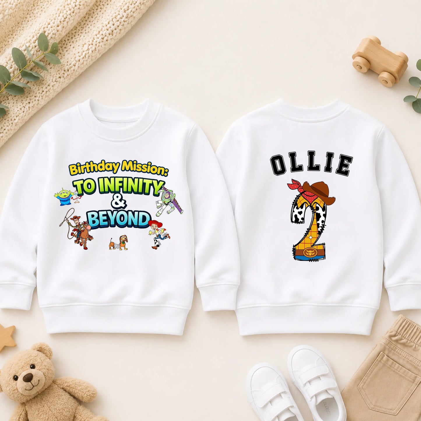Personalised Toy Story Birthday Sweatshirt for Boys - Custom Name & Age with Choose Buzz, Woody or Jessie Back Number AishaBaileyDesigns