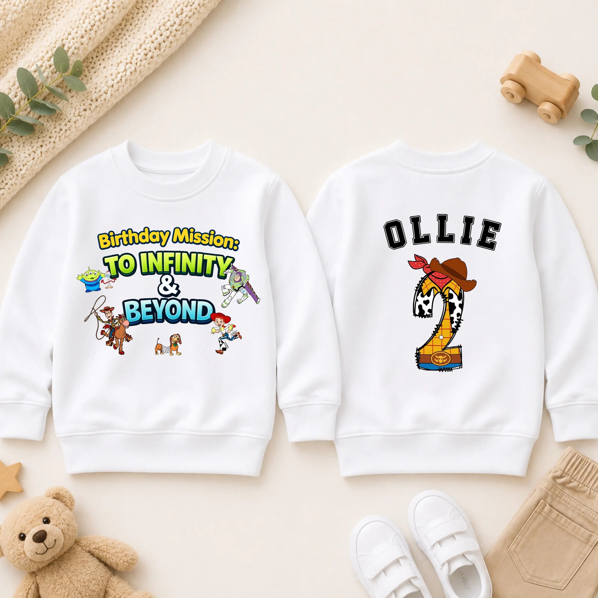 Personalised Toy Story Birthday Sweatshirt for Boys - Custom Name & Age with Choose Buzz, Woody or Jessie Back Number AishaBaileyDesigns